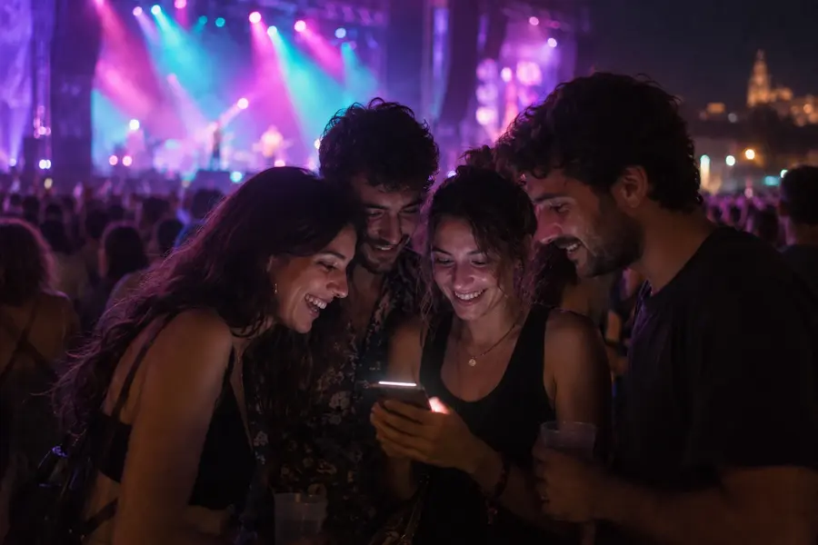 Un grupo de amigos en un concierto comparte un directo en el móvil