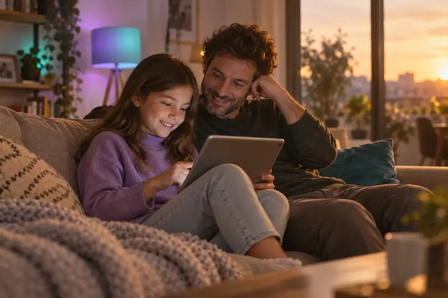 Un padre y su hija aprenden juntos con una tablet en el sofá