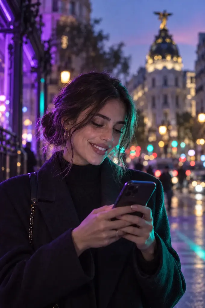 Una mujer sonríe mirando su móvil en la Gran Vía de Madrid al anochecer